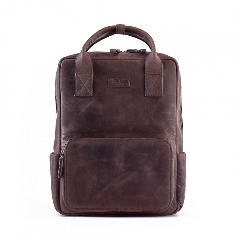 Brown leather backpack, front view closed, on a white background - MONPIEL