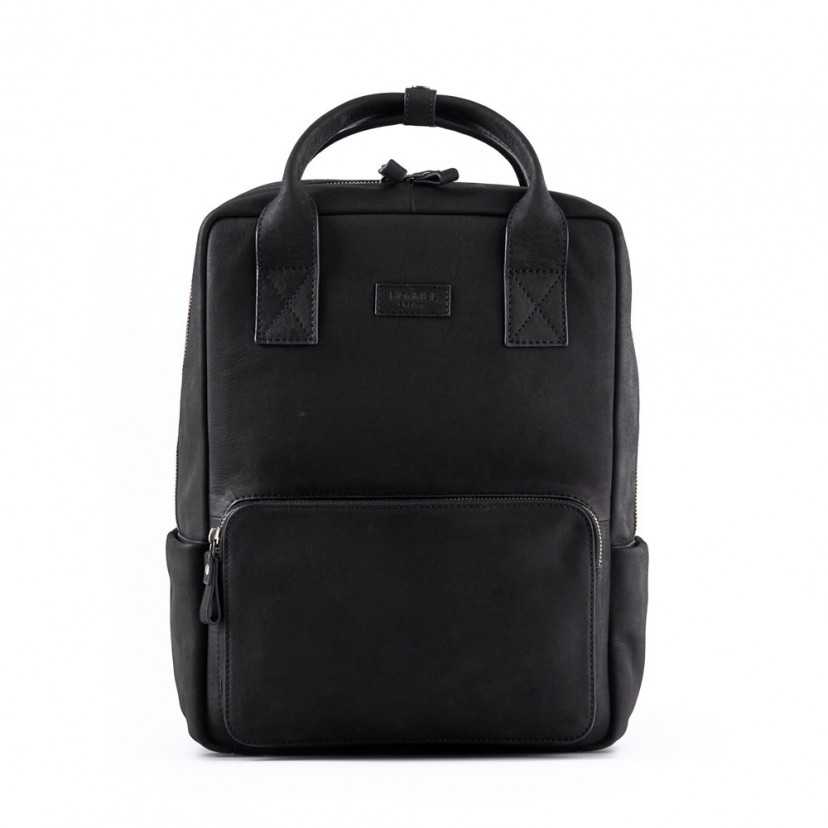 Black leather backpack, front view closed, on a white background - MONPIEL