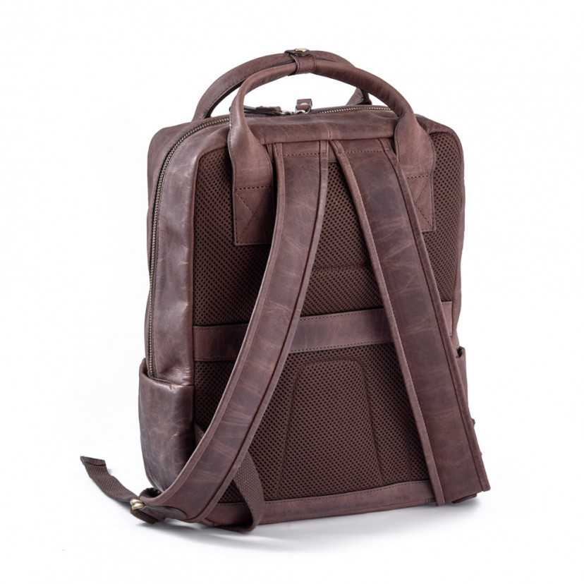 Brown leather backpack, rear and slightly side view, on a white background, showing shoulder straps - MONPIEL