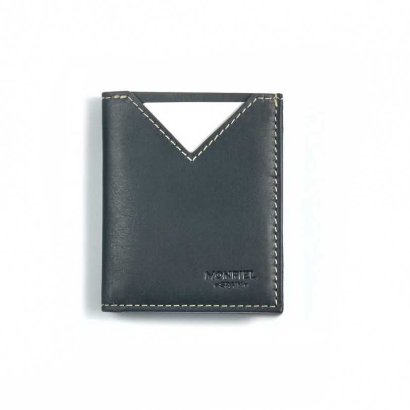 Front view of a slim men’s wallet in blue leather with a straight flap - MONPIEL