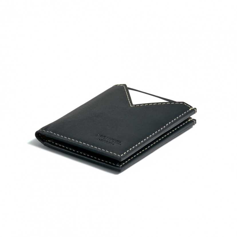 Men’s blue leather wallet, closed, perspective view on a white background - MONPIEL
