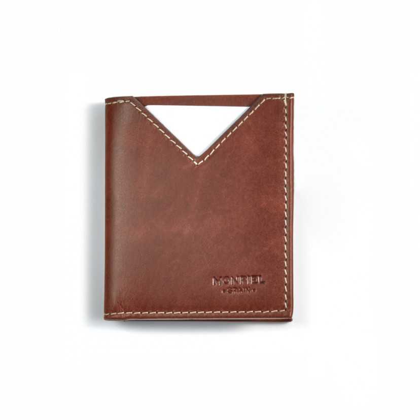 Compact slim leather wallet for men in Havana color, front view - MONPIEL