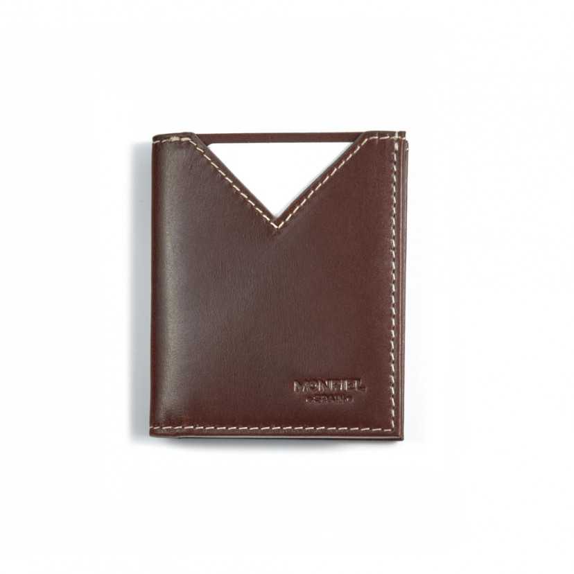 Small men’s leather wallet in brown, front view on a white background - MONPIEL