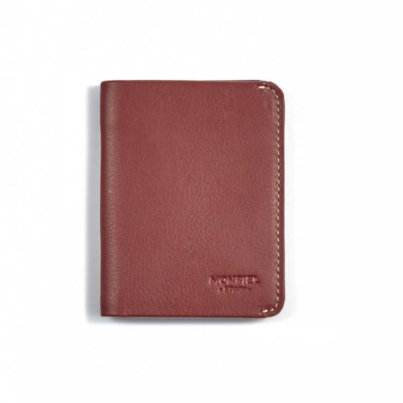 Small men's leather wallet in burgundy, front view on a white background - MONPIEL