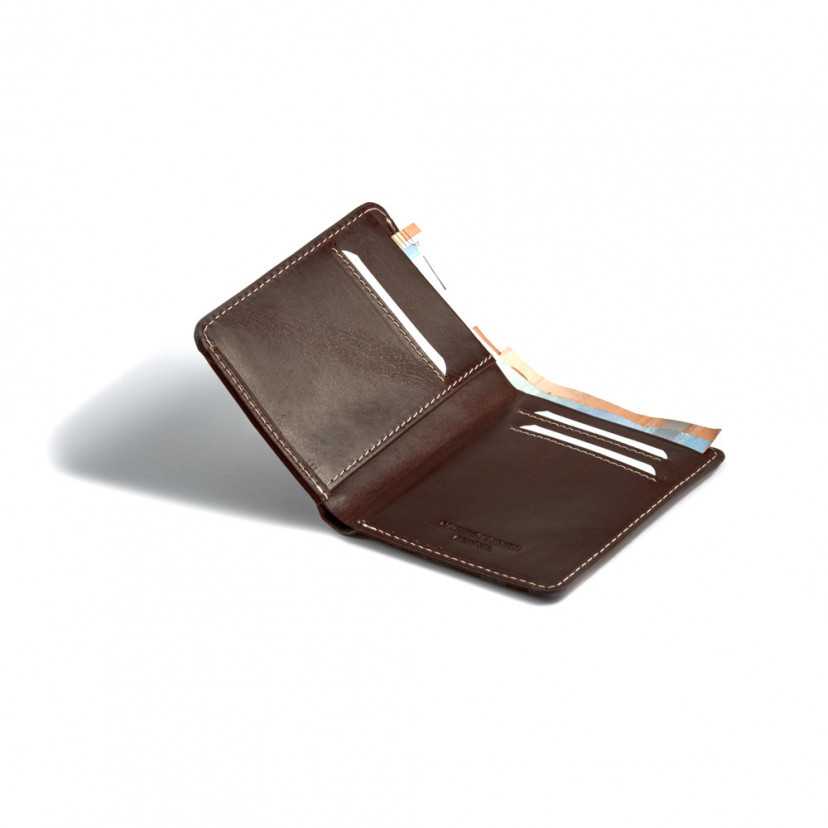 Small men's leather wallet in brown, open detail view of slots on a white background - MONPIEL