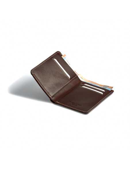 Small brown leather men’s wallet with bill compartment, open, showing card slots, detail view on white background - MONPIEL