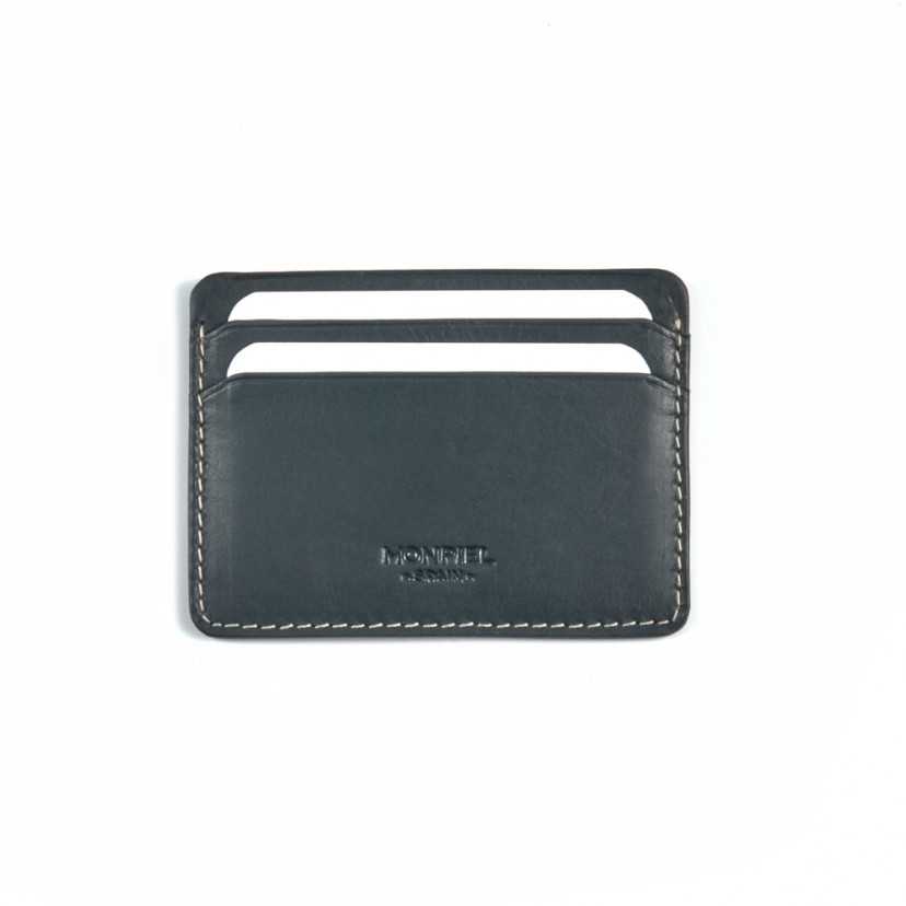 Mini leather cardholder in blue,front view on a white background - MONPIEL