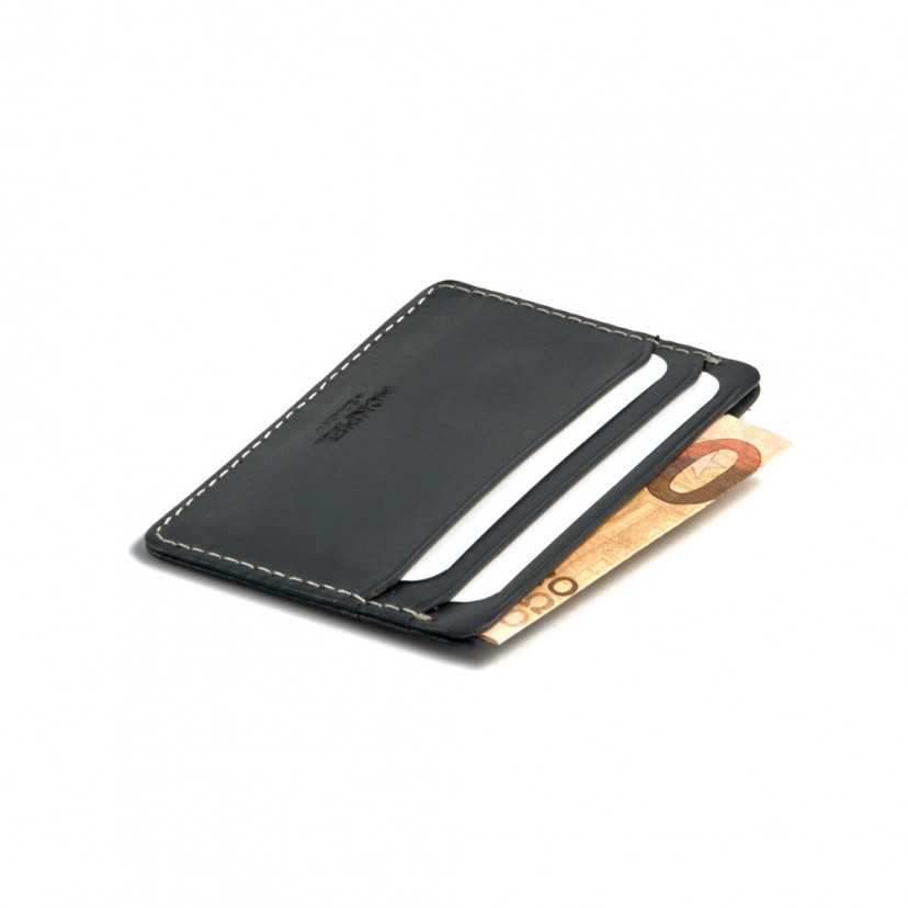 Mini leather cardholder in blue,view in perspective and slot detail on a white background - MONPIEL