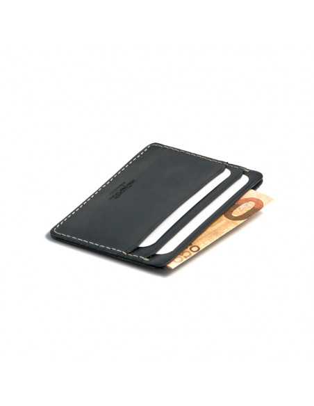 Portacarte mini in pelle blu, vista in prospettiva con dettaglio degli slot per carte su sfondo bianco - MONPIEL