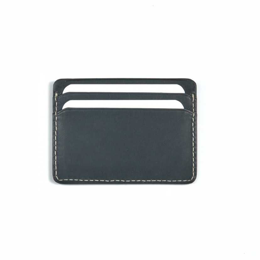 Mini leather cardholder in blue,rear view and slot detail on a white background - MONPIEL