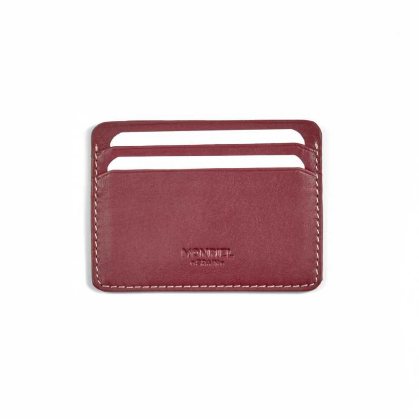 Mini leather cardholder in burgundy,front view and slot detail on a white background - MONPIEL