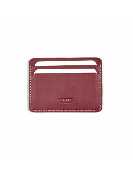 Mini leather cardholder in burgundy,front view and slot detail on a white background - MONPIEL Mini leather cardholder in burgundy,front view and slot detail on a white background - MONPIEL