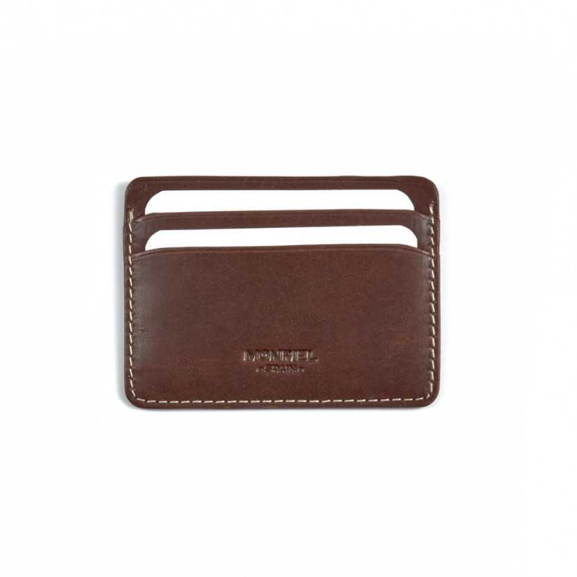 Mini leather cardholder in brown,front view,slot and logo detail on a white background - MONPIEL
