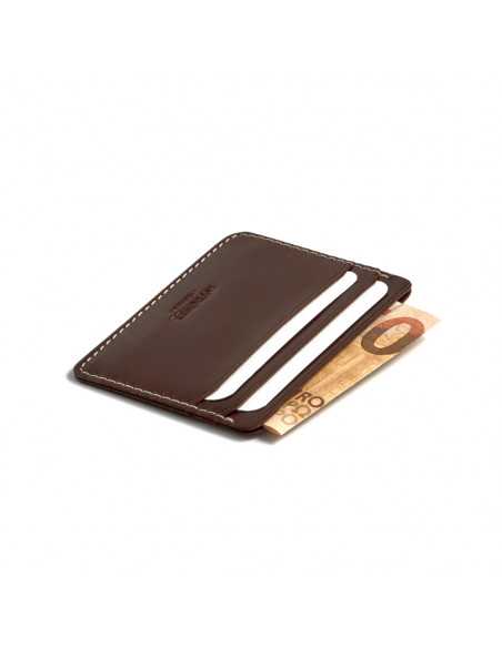 Mini leather cardholder in brown,perspective view,slot details on a white background - MONPIEL Mini leather cardholder in brown,perspective view,slot details on a white background - MONPIEL