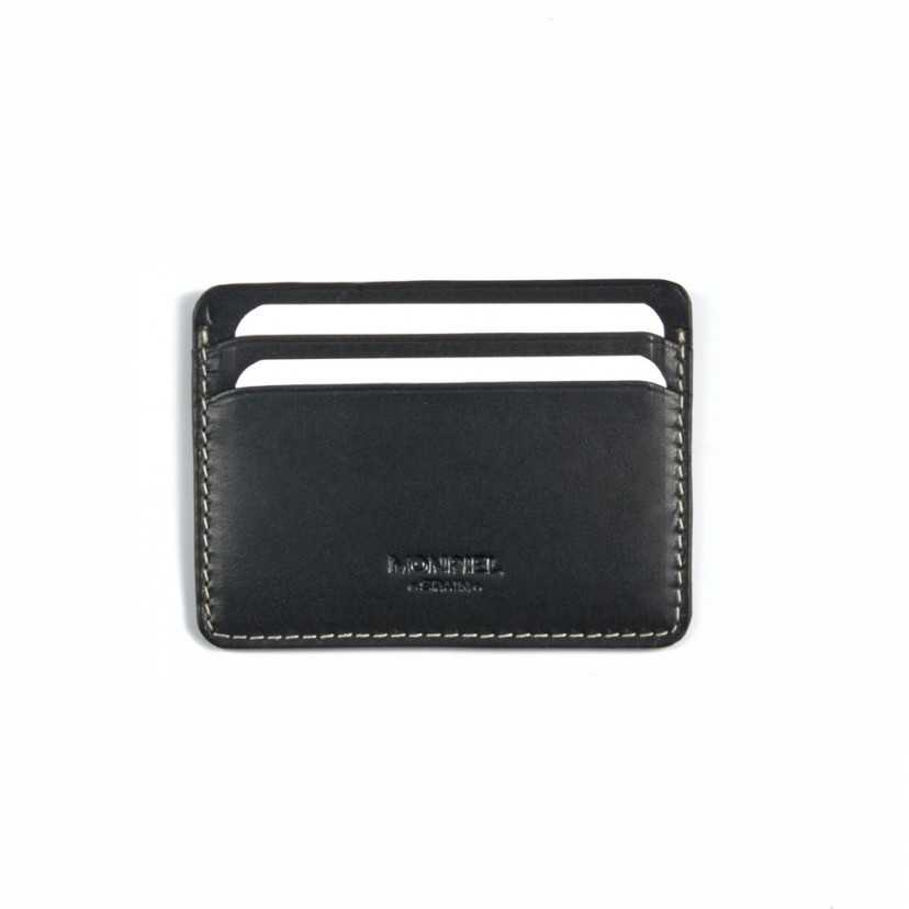 Mini leather cardholder in black, front view with slot detail on a white background - MONPIEL