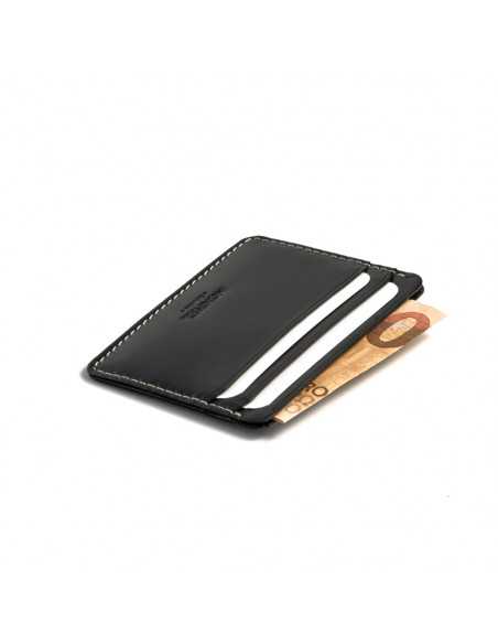 Mini black leather cardholder, perspective view showing a bill, on white background - MONPIEL Mini black leather cardholder, perspective view showing a bill, on white background - MONPIEL