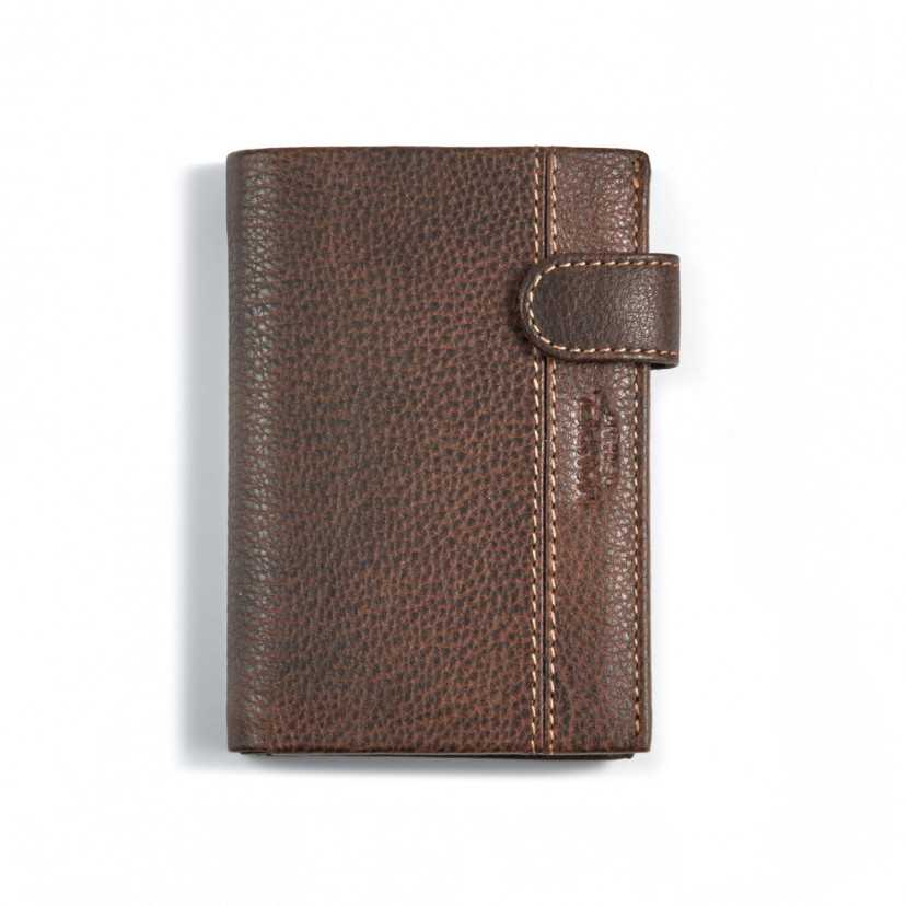 Wallet with clasp and interior coin pocket made of brown leather, front view on a white background - MONPIEL