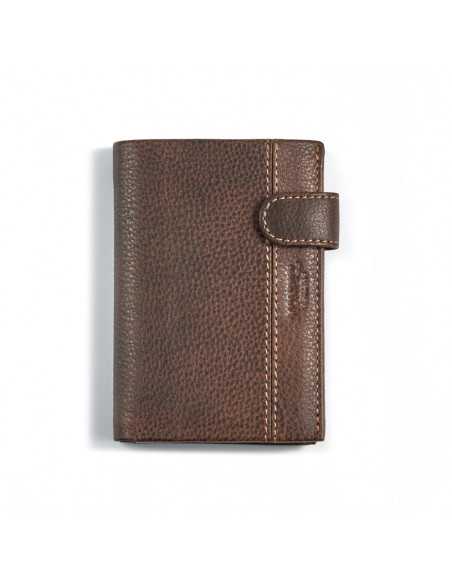 Wallet with clasp and interior coin pocket made of brown leather, front view on a white background - MONPIEL