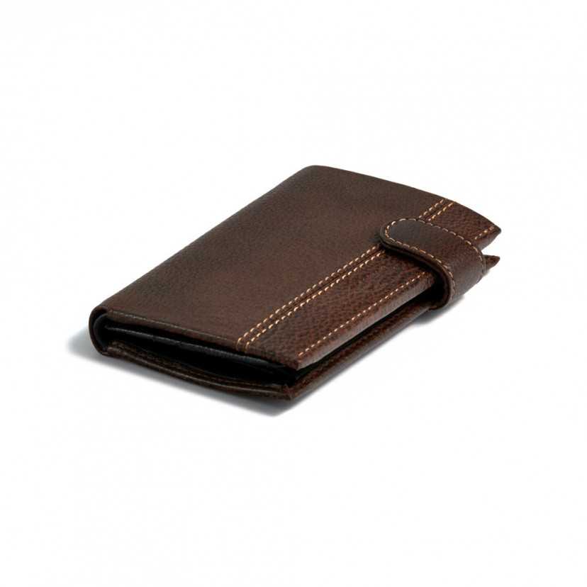 Wallet with clasp and interior coin pocket made of brown leather, perspective view on a white background - MONPIEL