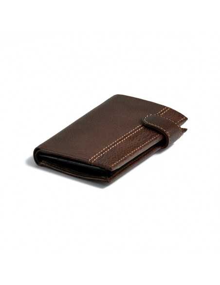 Portefeuille en cuir marron avec fermoir et porte-monnaie intérieur, vue en perspective sur fond blanc - MONPIEL