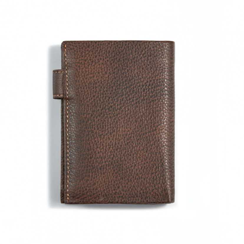 Wallet with clasp and interior coin pocket made of brown leather, rear view on a white background - MONPIEL