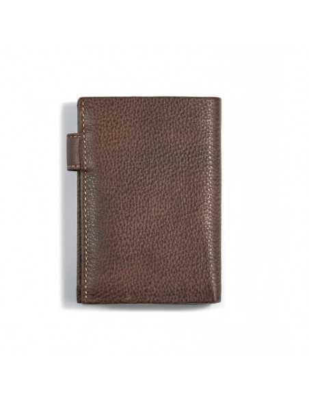 Wallet with clasp and interior coin pocket made of brown leather, rear view on a white background - MONPIEL