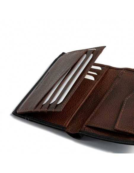 Black leather wallet with clasp and internal coin pocket, showing card slots, on white background - MONPIEL Black leather wallet with clasp and internal coin pocket, showing card slots, on white background - MONPIEL