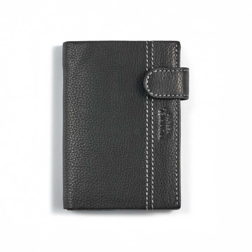 Black leather wallet with clasp and interior coin pocket, front view on white background - MONPIEL