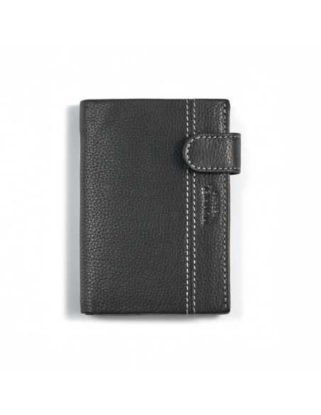 Black leather wallet with clasp and interior coin pocket, front view on white background - MONPIEL