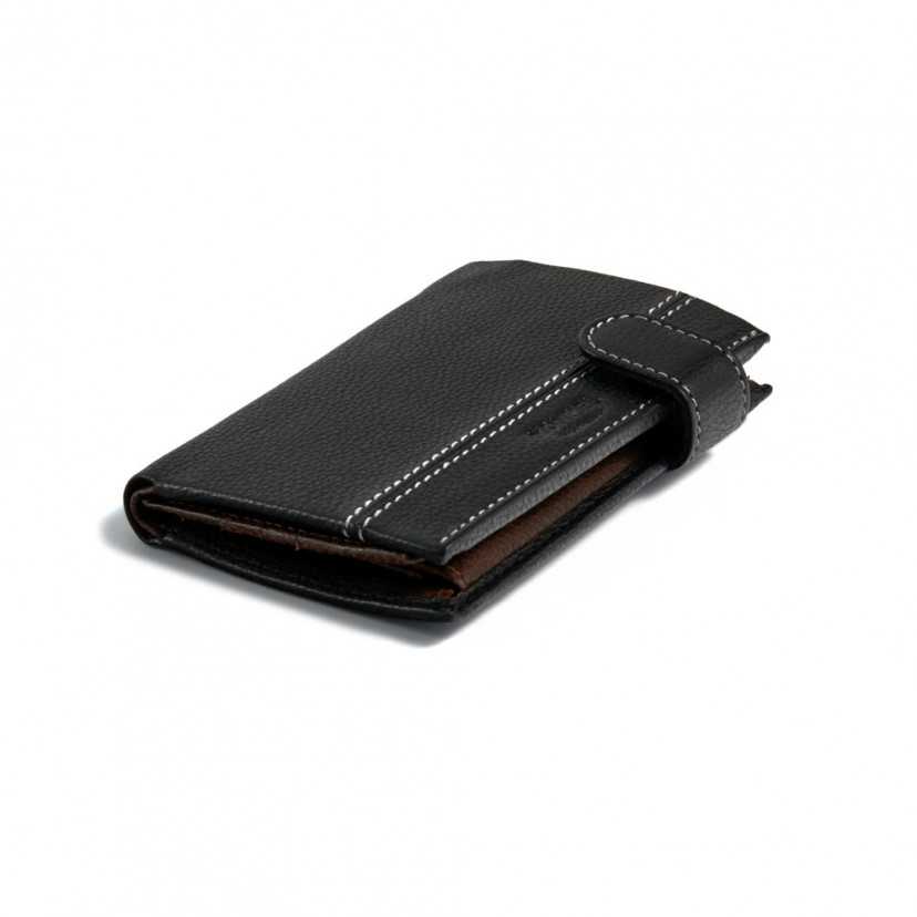Black leather wallet with clasp and interior coin pocket, perspective view on white background - MONPIEL