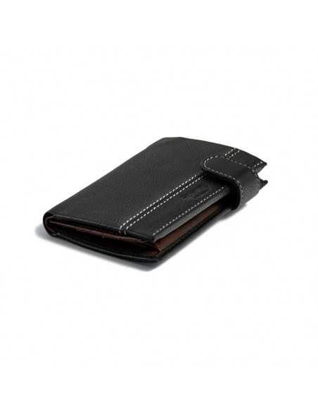 Black leather wallet with clasp and internal coin pocket, perspective view on white background - MONPIEL Black leather wallet with clasp and internal coin pocket, perspective view on white background - MONPIEL