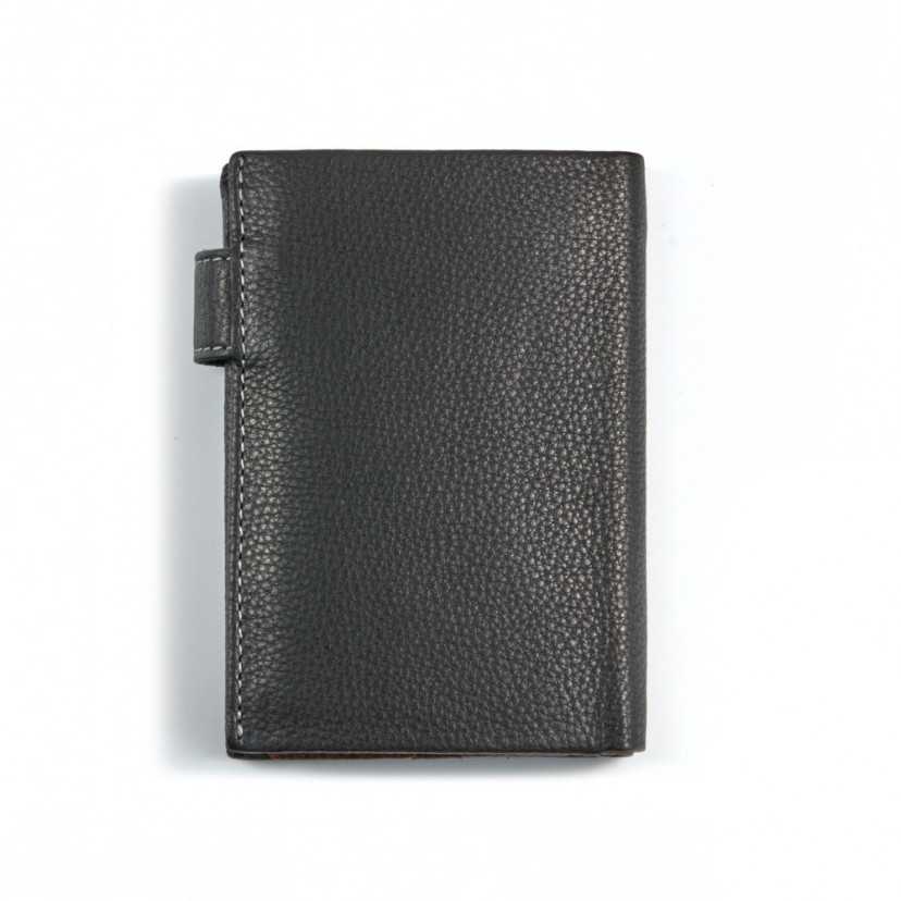 Black leather wallet with clasp and interior coin pocket, rear view on white background - MONPIEL