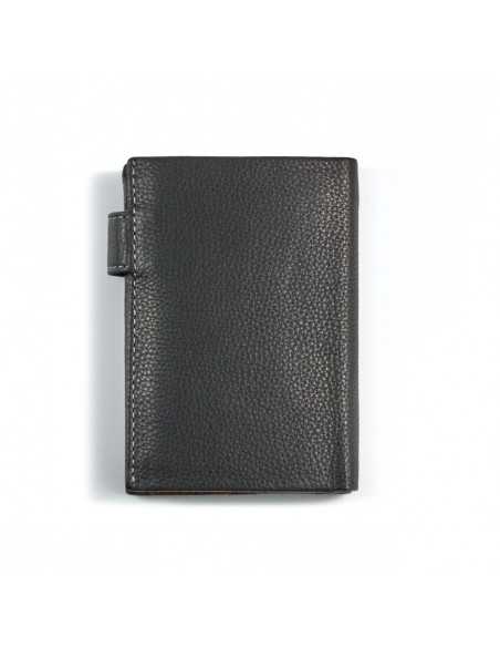 Black leather wallet with clasp and internal coin pocket, rear view on white background - MONPIEL Black leather wallet with clasp and internal coin pocket, rear view on white background - MONPIEL