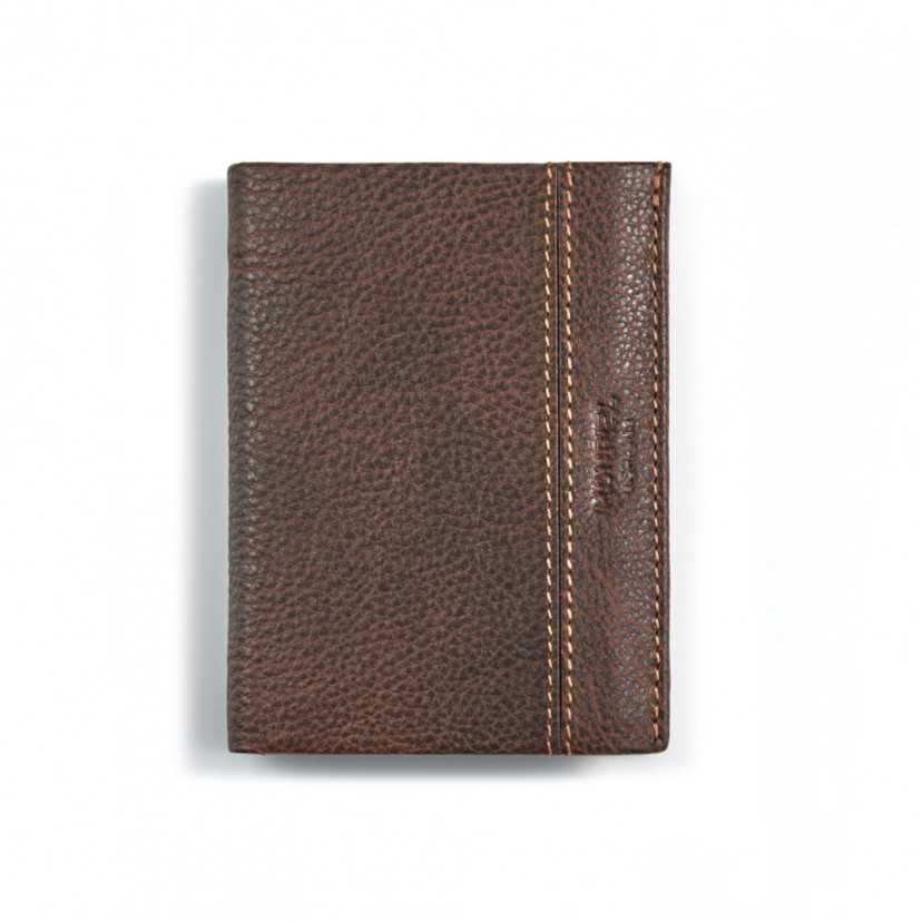 Brown leather wallet with interior coin pocket, front view on white background - MONPIEL