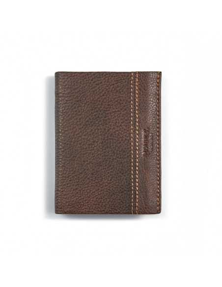 Brown leather wallet with interior coin pocket, front view on white background - MONPIEL