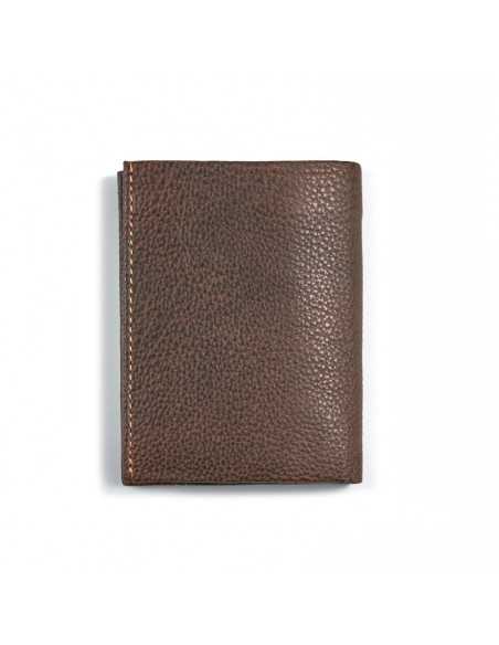 Brown leather wallet with interior coin pocket, rear view on white background - MONPIEL