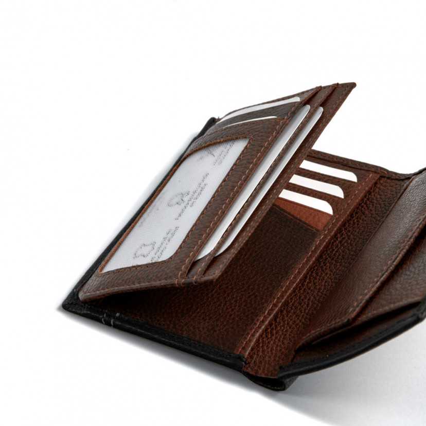 Black leather wallet with interior coin pocket and card slot details on white background - MONPIEL
