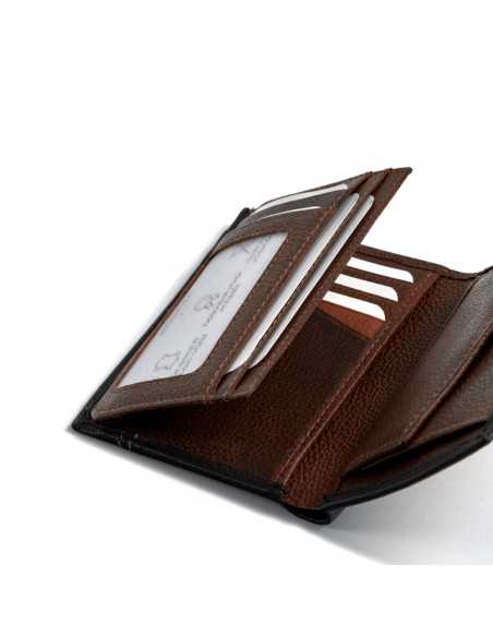 Portafoglio in pelle nera con portamonete interno, dettaglio slot per carte, su sfondo bianco - MONPIEL