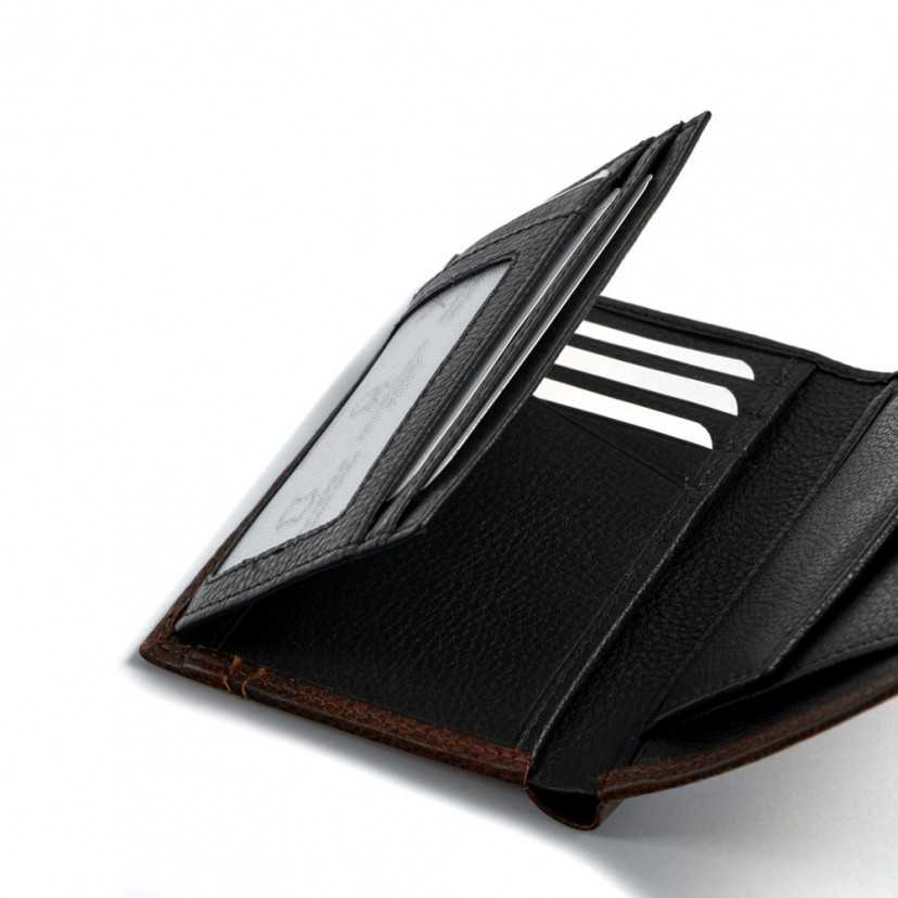 Brown leather wallet with coin purse inside, featuring card slots, on a white background - MONPIEL
