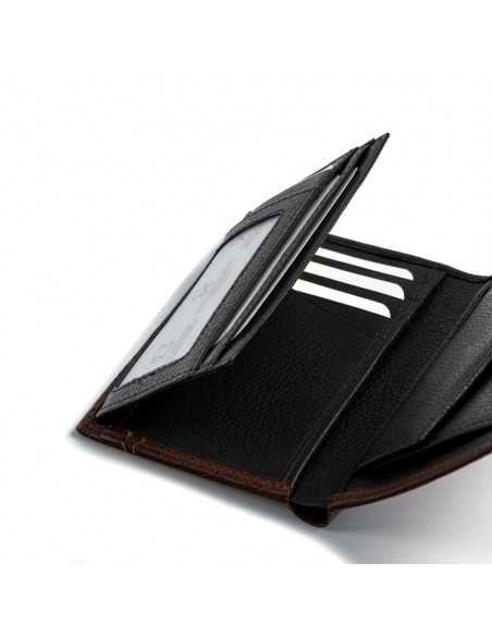 Portefeuille en cuir marron avec porte-monnaie intégré, détail des fentes pour cartes, sur fond blanc - MONPIEL