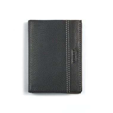 Black leather wallet with coin purse inside, shown from the front on a white background- - MONPIEL