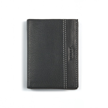 Black leather wallet with internal coin pocket, front view on white background - MONPIEL