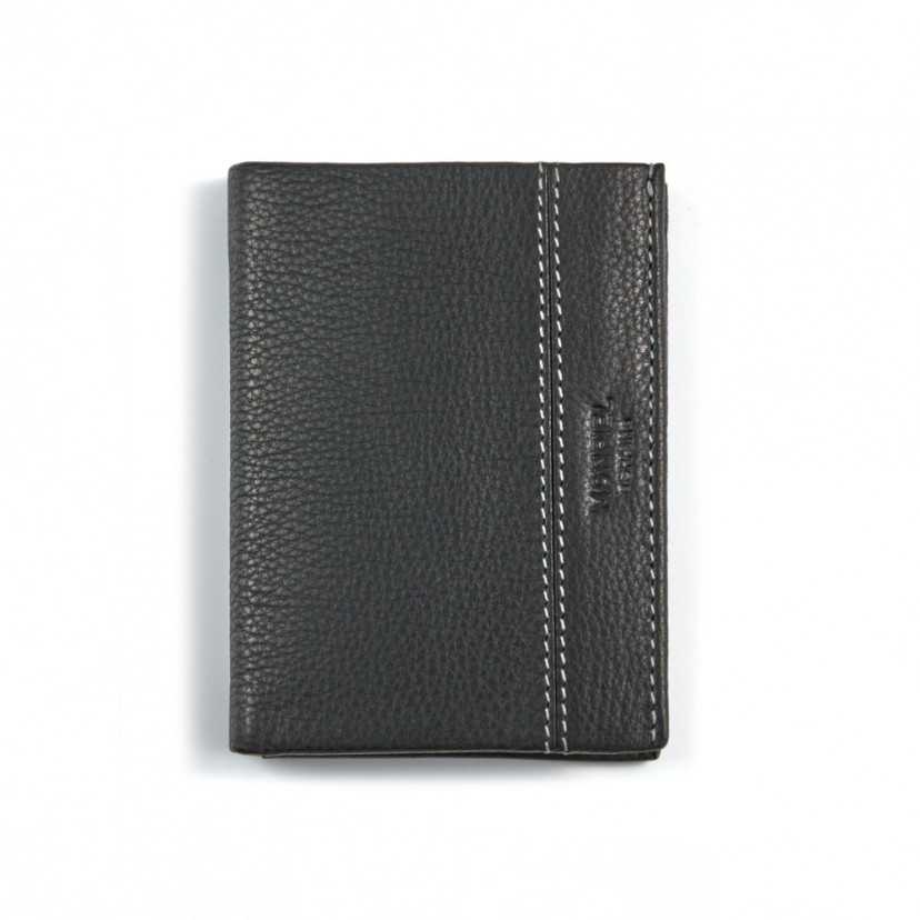 Black leather wallet with coin purse inside, shown from the front on a white background- - MONPIEL