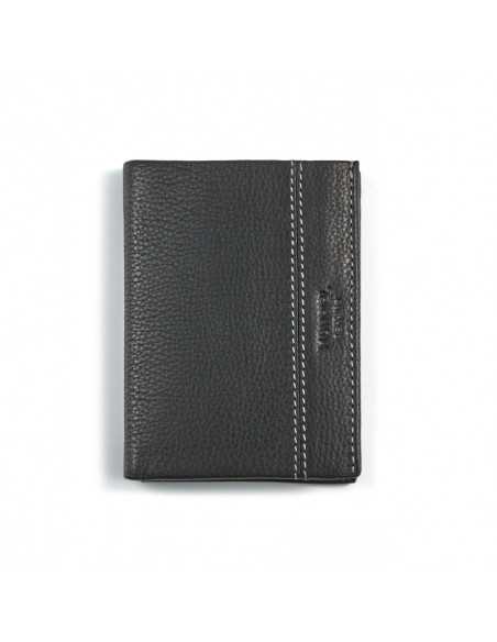 Black leather wallet with internal coin pocket, front view on white background - MONPIEL