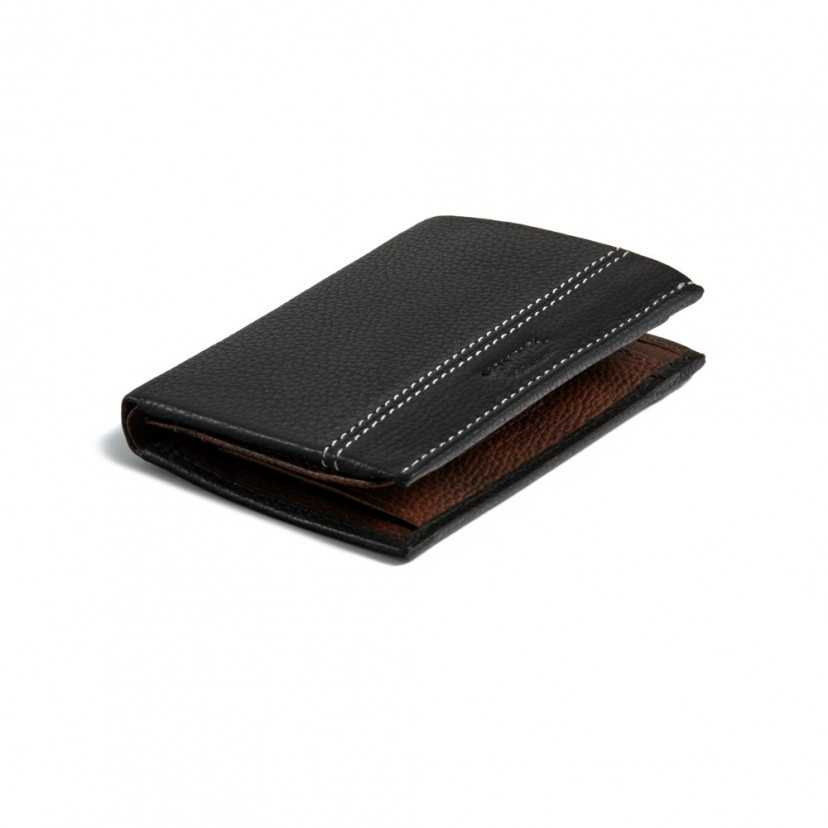 Black leather wallet with coin purse inside, shown in perspective on a white background - MONPIEL