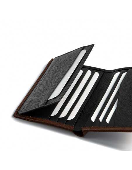 Portafoglio semplice in pelle marrone con dettagli di slot per carte nere, su sfondo bianco - MONPIEL Portafoglio semplice in pelle marrone con dettagli di slot per carte nere, su sfondo bianco - MONPIEL