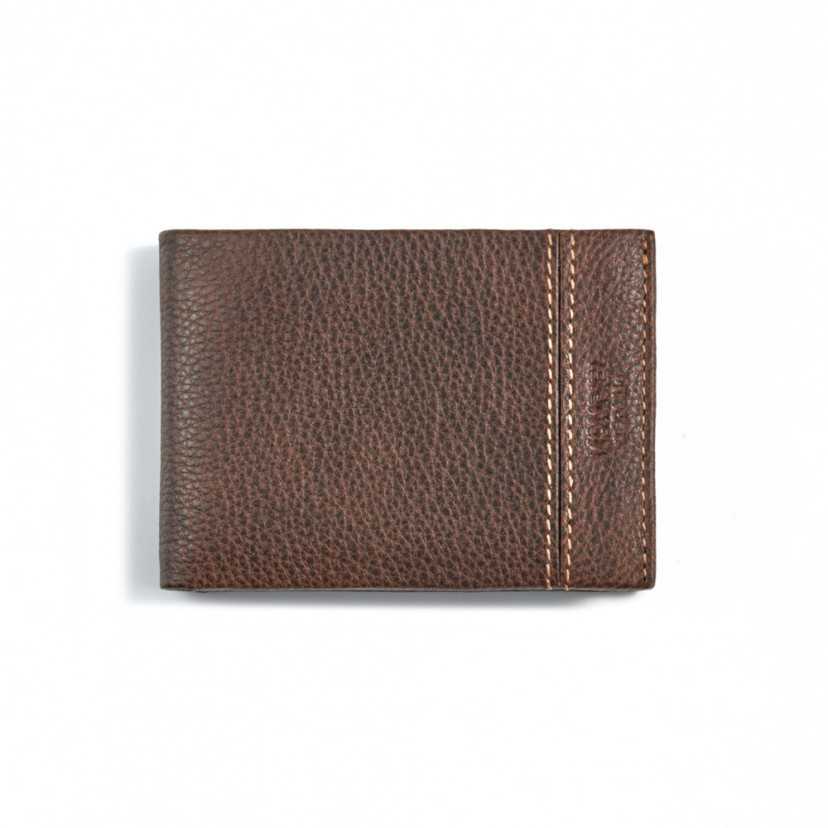 Small brown leather wallet with coin purse, shown from the front on a white background - MONPIEL