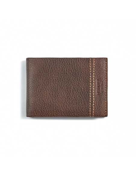Small brown leather wallet with coin purse, shown from the front on a white background - MONPIEL