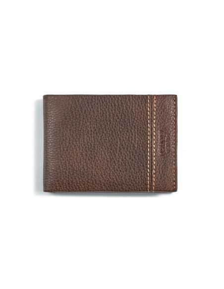 Small brown leather American-style wallet with coin pocket, front view on white background - MONPIEL