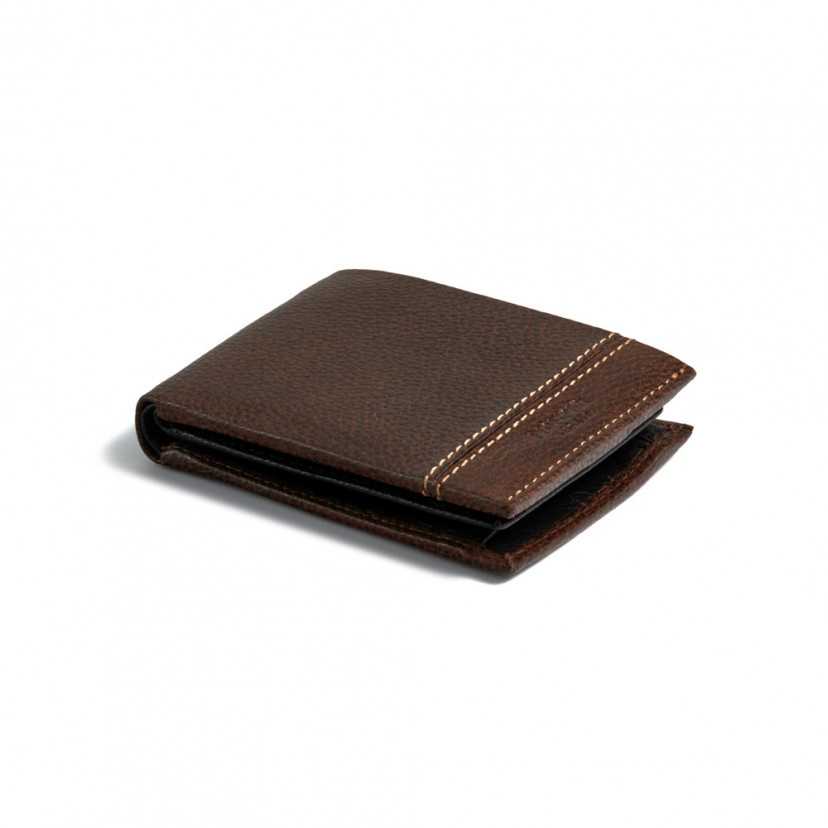 Small brown leather wallet with coin purse, shown in perspective on a white background - MONPIEL